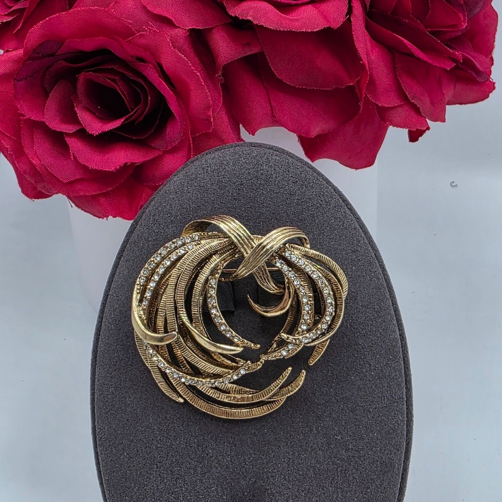 Vintage Monet Gold Tone Swirl Brooch with Rhinestones Designer Signed Old Money
